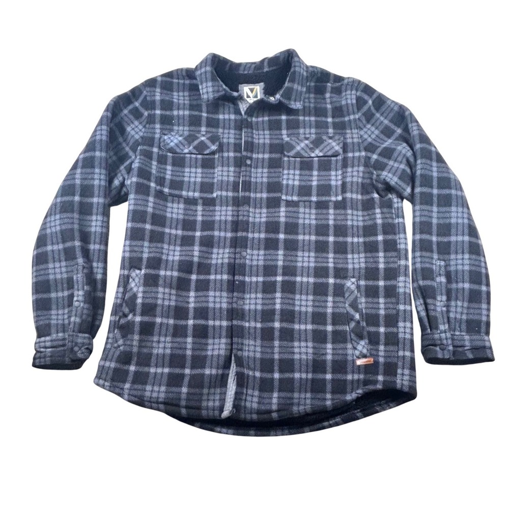 Voyager Mens XL Plaid Fleece Sherpa Lined Shirt Jacket Shacket Black Grey 1383